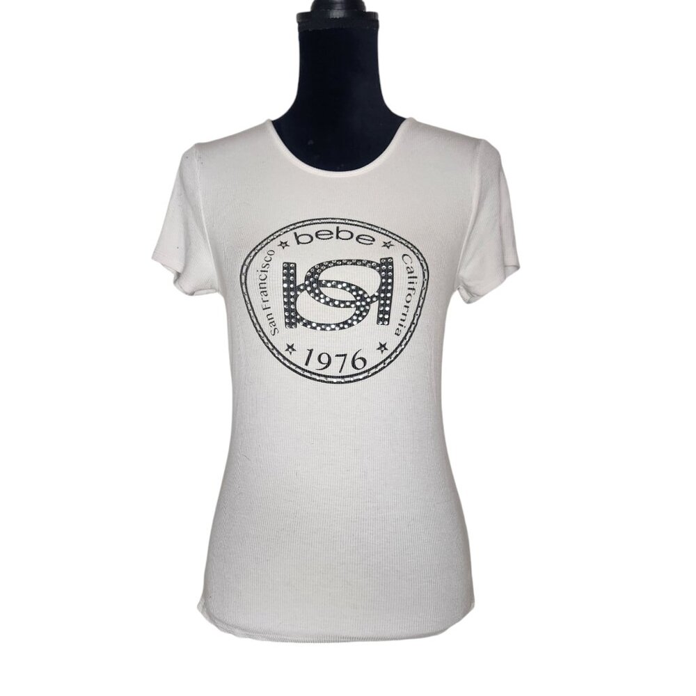 Bebe Y2K White Rhinestone Iconic Logo Ribbed Top